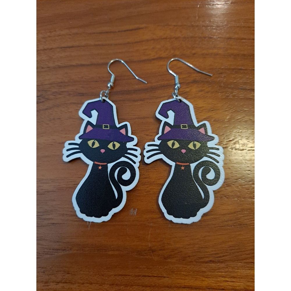 Halloween Wood Black Cat With Purple Hat Teardrop Earrings New Not Worn‎